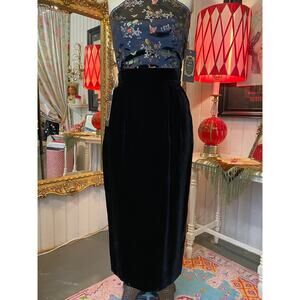 1980s black velvet high waist pencil skirt pockets midi hourglass pin up 80s 27
